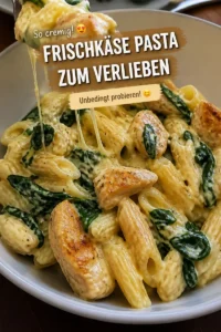Cremige Frischkäse Pasta auf einem Teller mit frischen Kräutern garniert