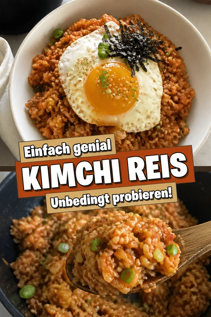 Knuspriger Kimchi Reis auf einem weißen Teller garniert mit frischem Gemüse