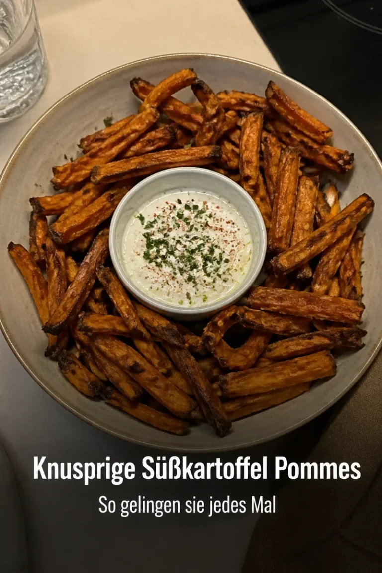 Gekochte süßkartoffel pommes auf einem Teller mit Dip