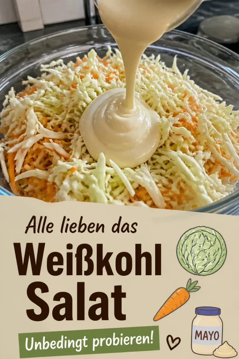 Schale mit frisch zubereitetem Weißkohlsalat auf einem Tisch