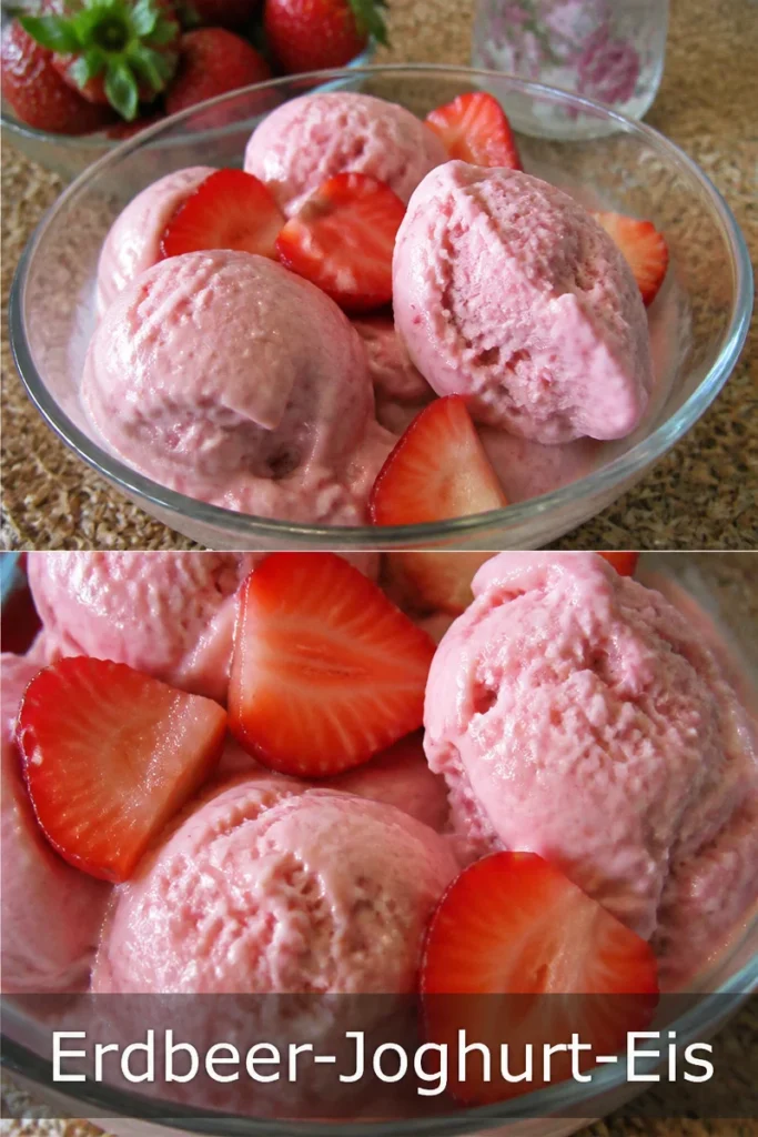 Cremiges Erdbeer-Joghurt-Eis in einer Schale mit frischen Erdbeeren dekoriert.