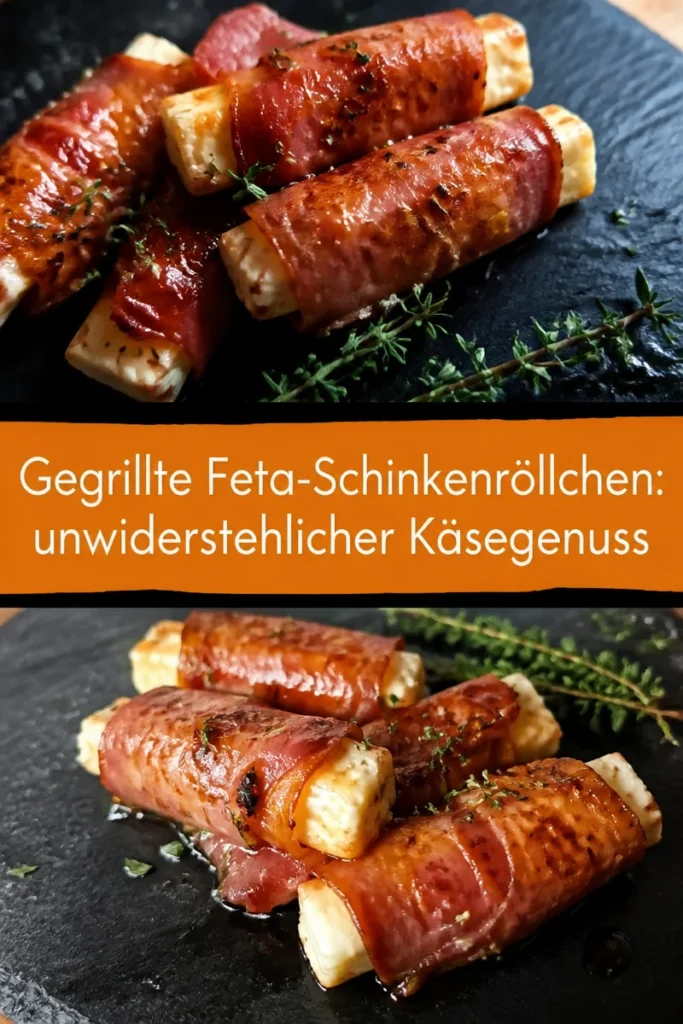 Gegrillte Feta-Schinkenröllchen auf dem Grill, leckeres Käsegericht