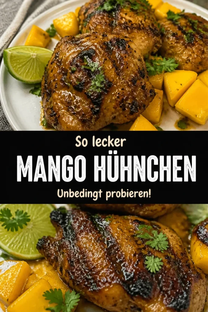 Gegrilltes Mango-Hühnchen auf dem Grill, serviert mit frischen Beilagen.