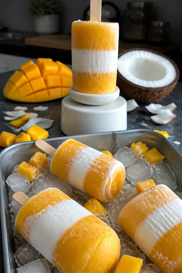Gesunde Mango-Kokos-Popsicles auf einem Holzstil serviert.