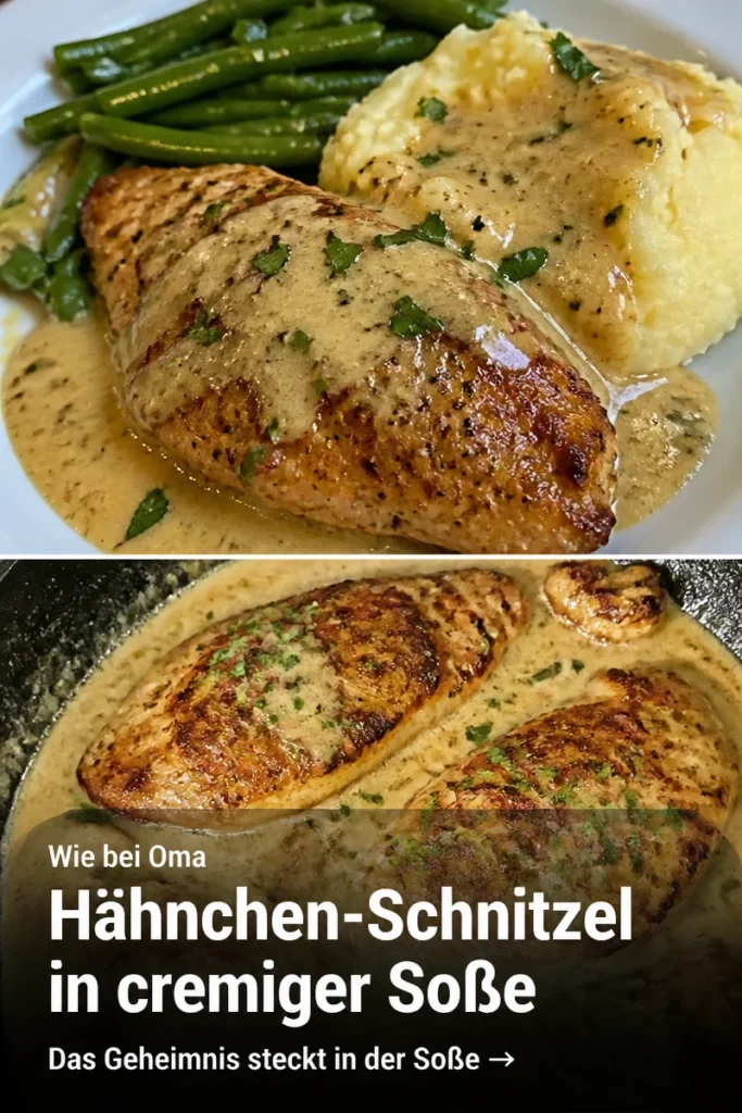 Hähnchen-Schnitzel mit cremiger Sahnesoße auf einem Teller angerichtet