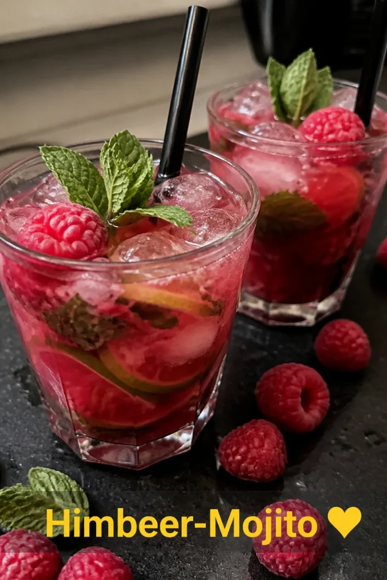 Erfrischendes Himbeer-Mojito Getränk mit frischen Himbeeren und Minze