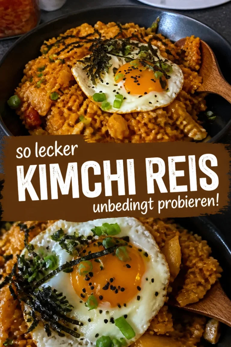 Teller mit aromatischem Kimchi Fried Rice, garniert mit Frühlingszwiebeln.