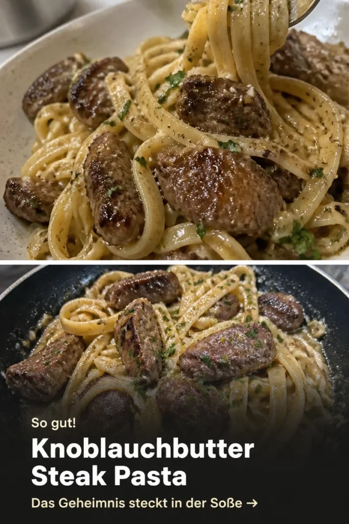 Bechdel Pasta mit Knoblauchbutter und Steak in einem eleganten Teller serviert.