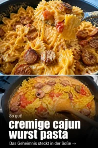 Cremige Cajun-Saucijzen-Pasta in einem weißen Teller serviert.
