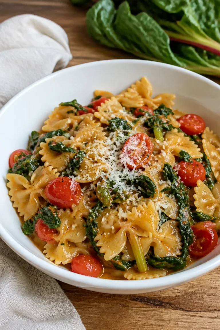 One Pot Pasta mit Mangold und Tomaten in einem Topf zubereitet