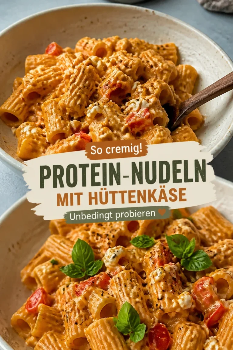 Protein-Nudeln mit Hüttenkäse auf einem Teller serviert