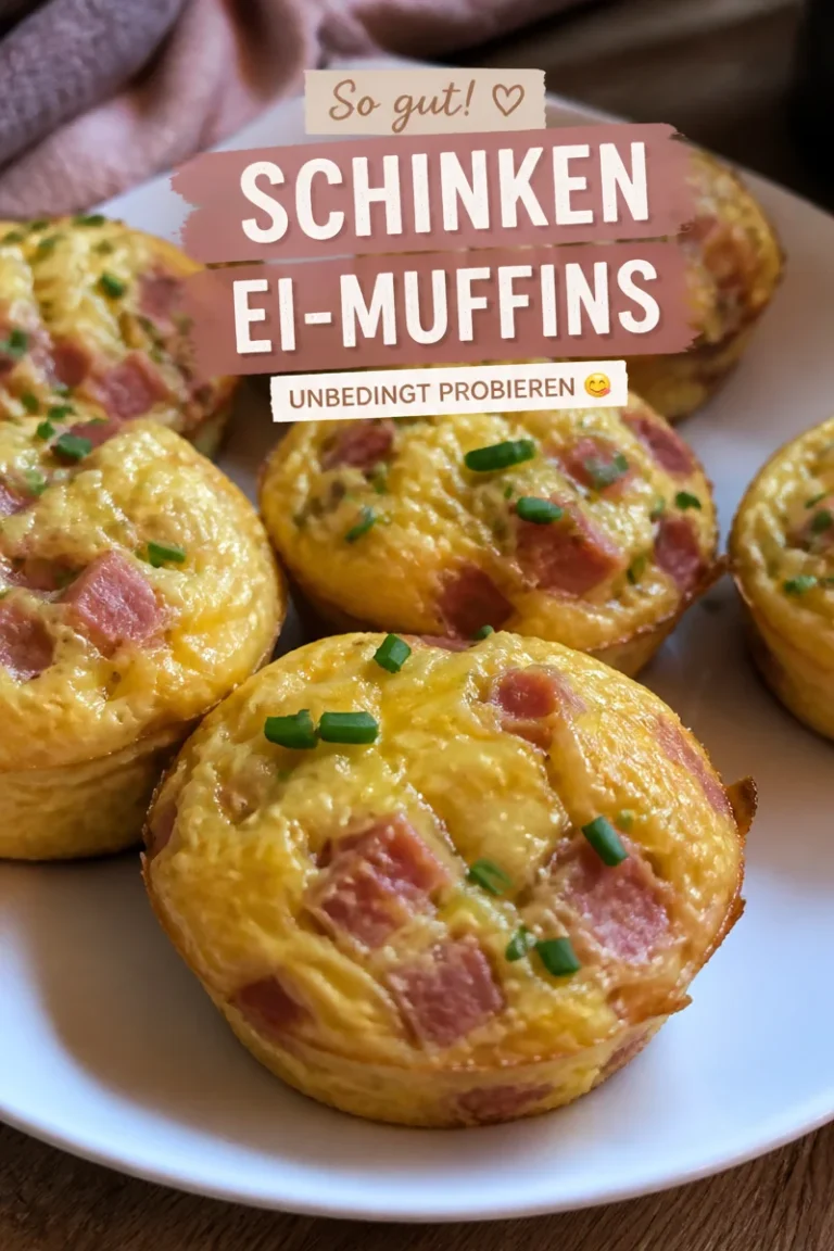 Rührei-Muffins mit Schinken auf einem Teller, serviert mit frischen Kräutern
