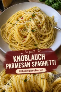 Teller mit Spaghetti, Knoblauch und Parmesan, garniert mit frischen Kräutern.