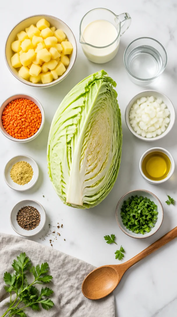 Spitzkohl mit Kartoffeln und roten Linsen