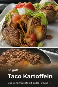Taco Kartoffeln auf einem Teller, belegt mit frischen Zutaten und Gewürzen.