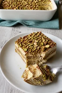 Tiramisu mit Pistaziencreme serviert auf einem eleganten Teller