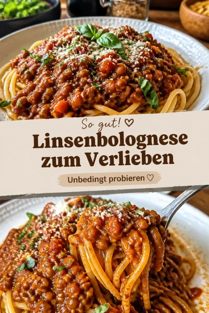 Vegane Linsenbolognese serviert mit frischer Pasta und Gemüse