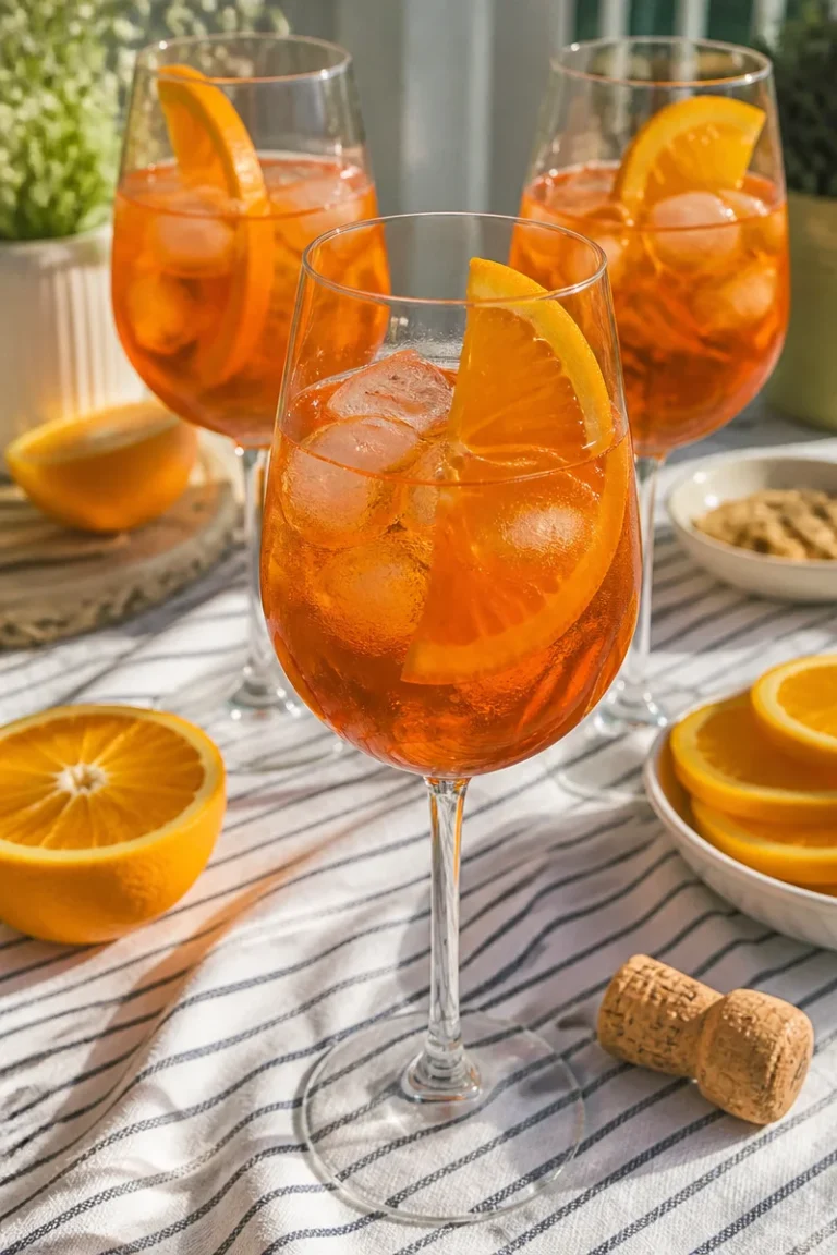 Aperol Spritz Cocktail in einem Glas mit Orangenscheibe und Eiswürfeln.
