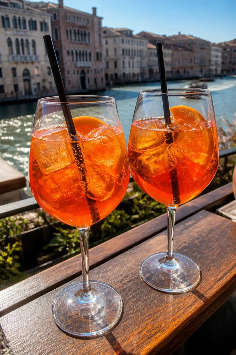 Ein perfekt zubereiteter Aperol Spritz in einem Glas auf einem italienischen Tisch