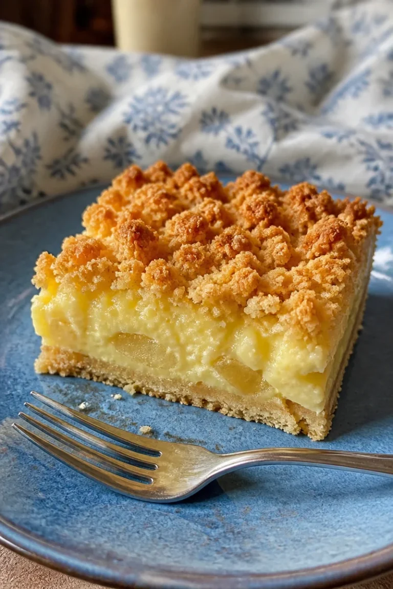 Apfel Pudding Kuchen auf einem Teller, garniert mit frischen Äpfeln und Sahne