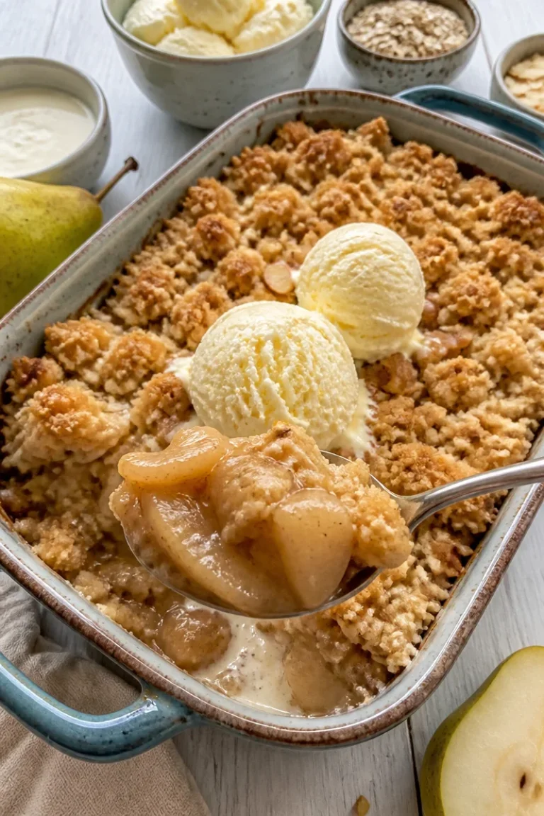 Leckeres Birnen Crumble in einer Auflaufform, serviert mit Sahne.