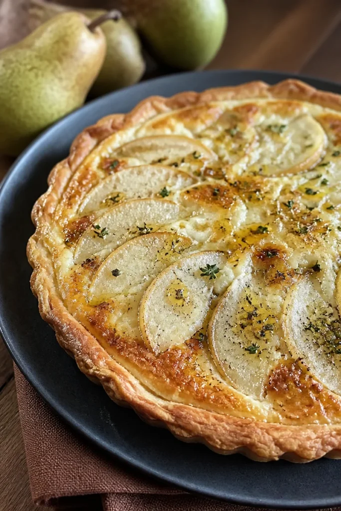 Birnen-Tarte mit Ziegenfrischkäse auf einem eleganten Teller serviert