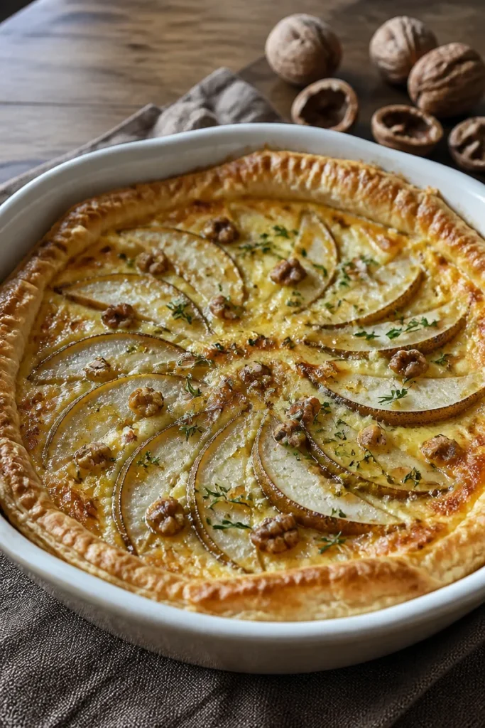 Birnen-Tarte mit Ziegenfrischkäse auf einem eleganten Teller