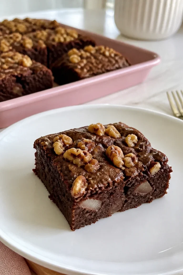 Leckere Birnen-Walnuss-Brownies auf einem rustikalen Holzbrett