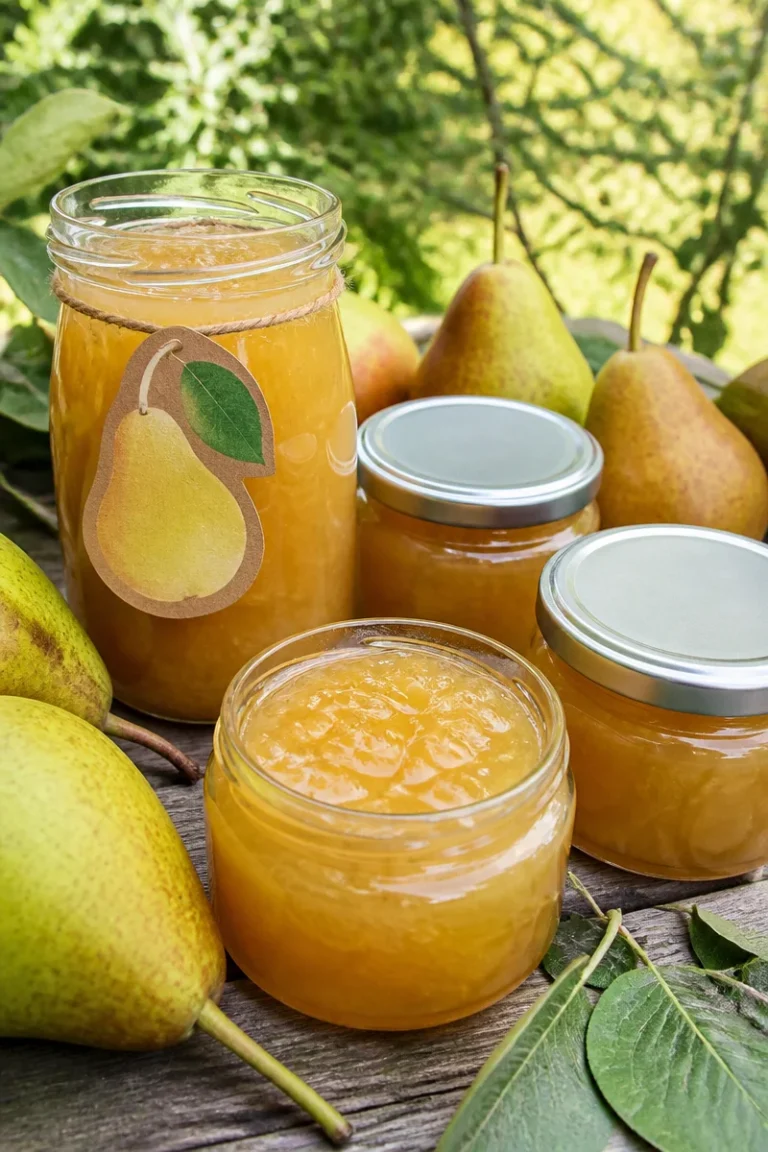 Glas Birnenmarmelade mit Weißwein auf einem Holzbrett