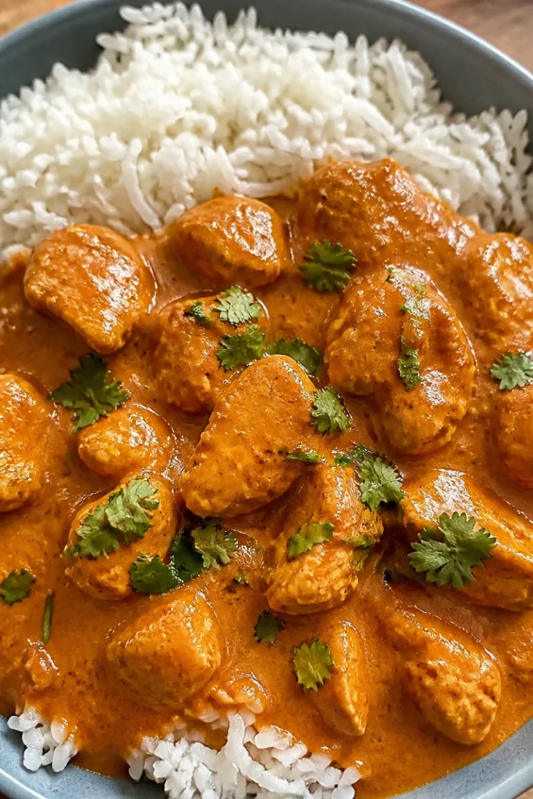 Ein Teller leckeres Butter Chicken mit Reis und Naan-Brot