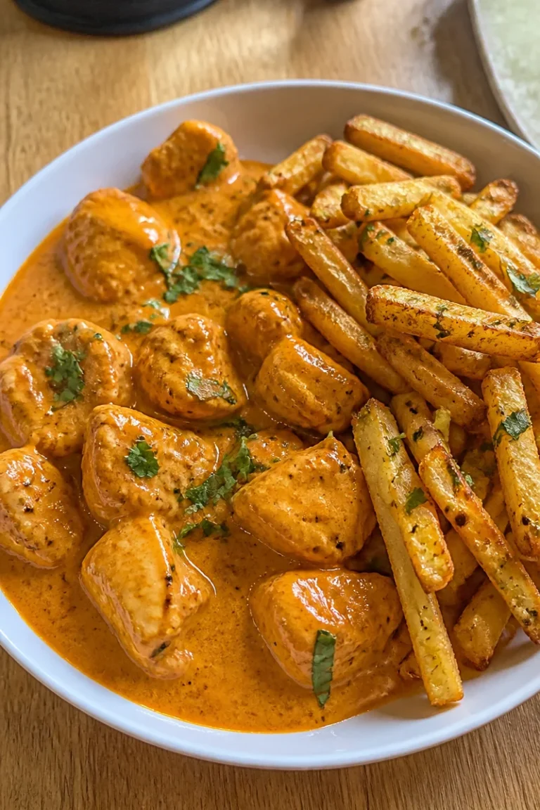 Butterhähnchen mit Knoblauchsoße und knusprigen Pommes frites auf einem Teller