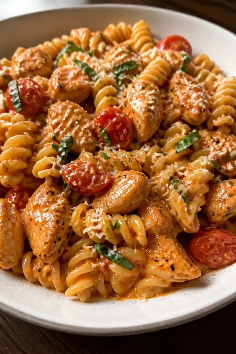 Cremiges One-Pan Tomato Basil Chicken Pasta mit frischen Zutaten.