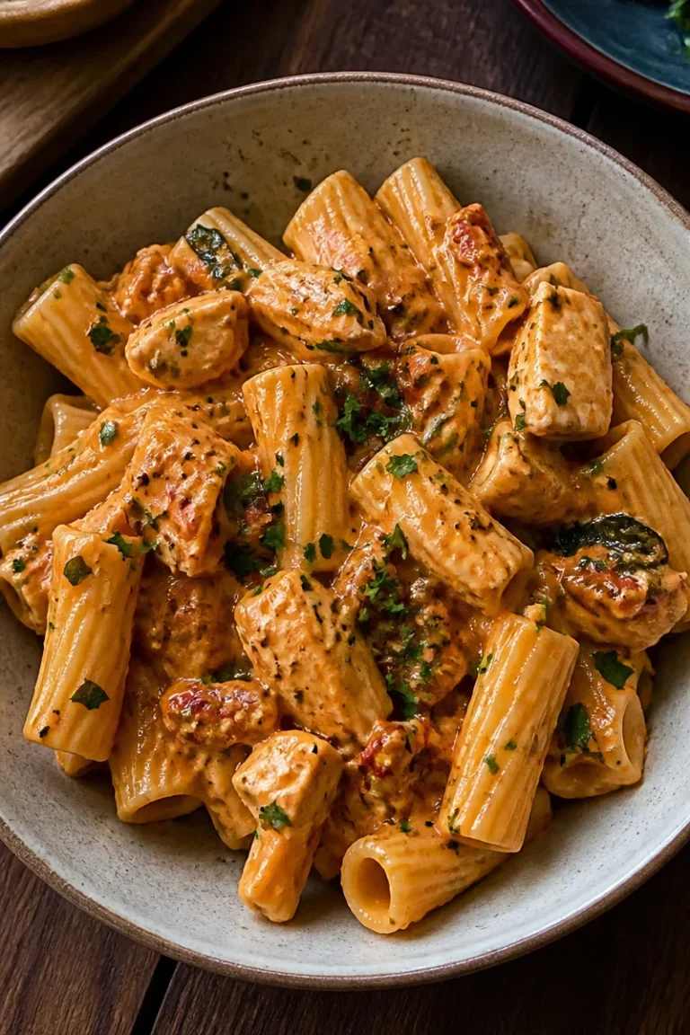 Cremige Tuscan Chicken Pasta mit frischem Gemüse und Kräutern