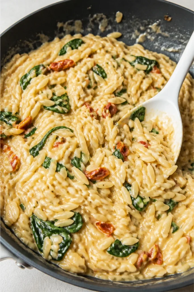 Cremiges Tuscan Orzo in einer Pfanne zubereitet, leckeres italienisches Gericht.