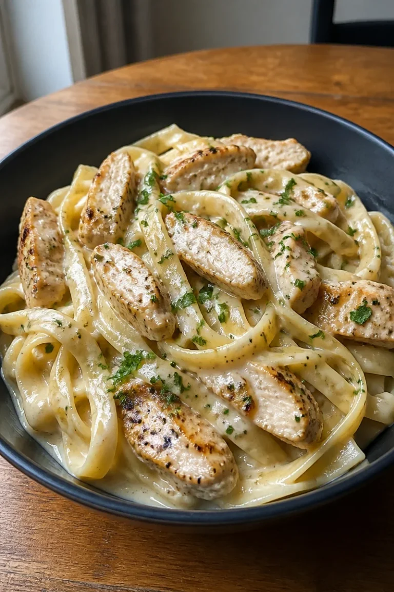 Cremige Hähnchen-Alfredo-Nudeln auf einem Teller mit frischem Basilikum