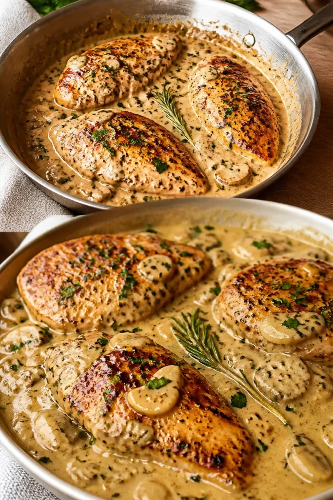 Cremiges Knoblauch-Hähnchen in einer Schüssel serviert mit frischen Kräutern