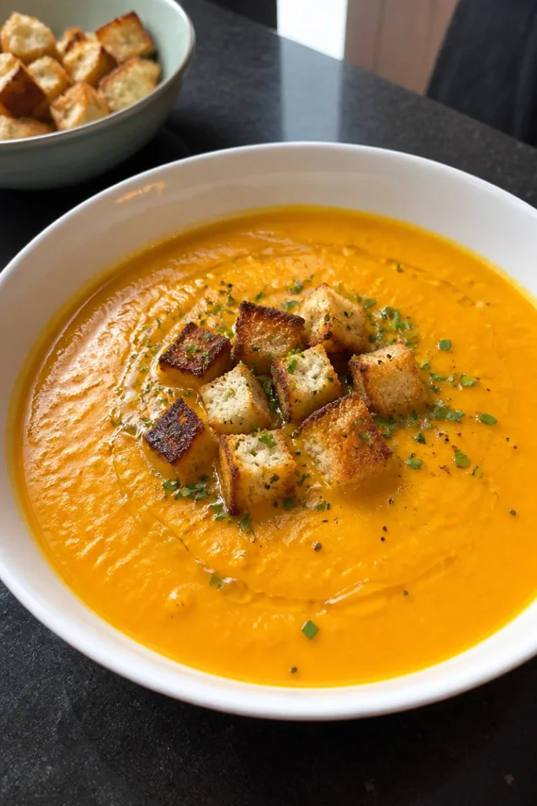 Cremige Kürbissuppe in einer Schüssel mit frischen Zutaten