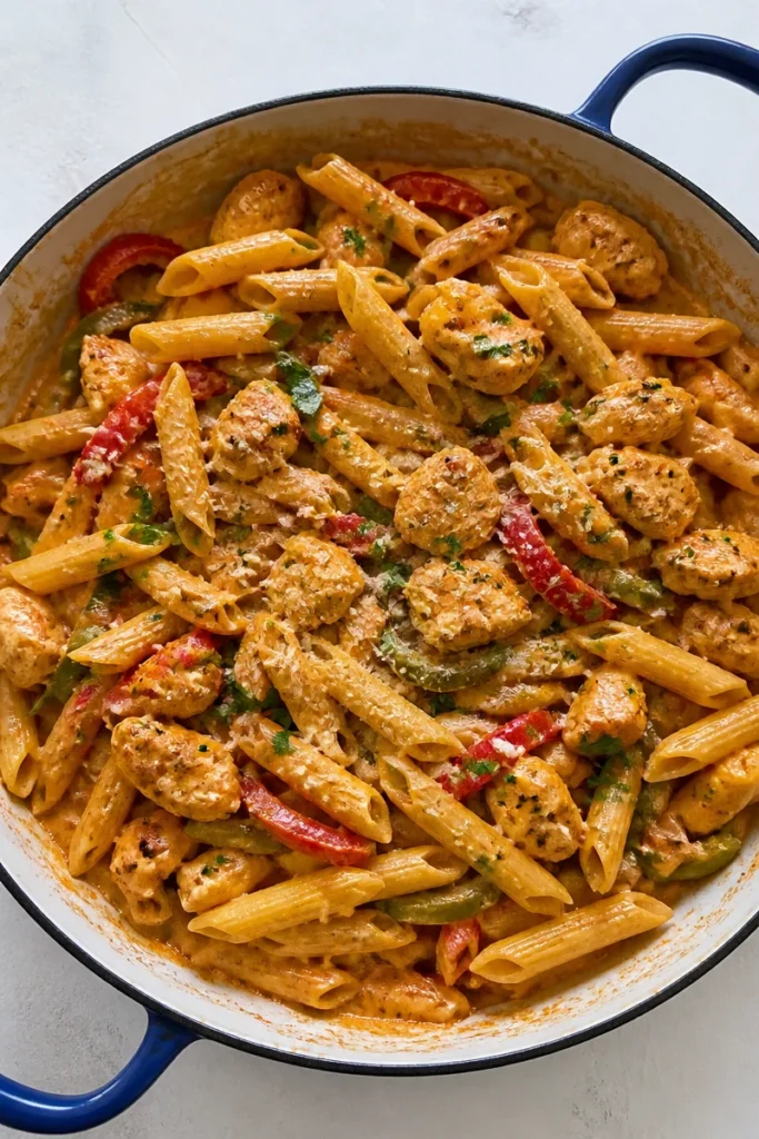 Cremige One-Pot Pasta mit Cajun-Hähnchen auf einem Teller serviert