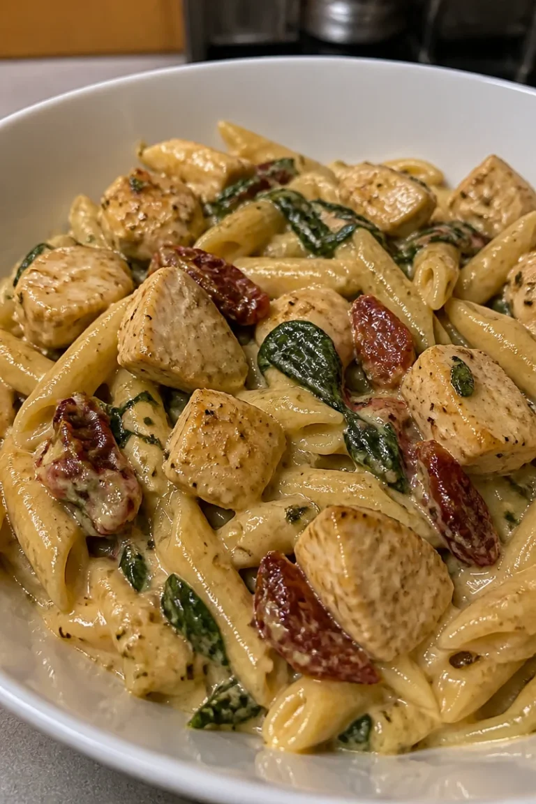 Cremige toskanische Hähnchenpasta in einer Schale angerichtet