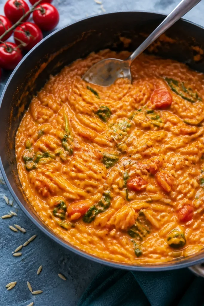 Cremiges Tomaten-Orzo Gericht in einer Schüssel serviert
