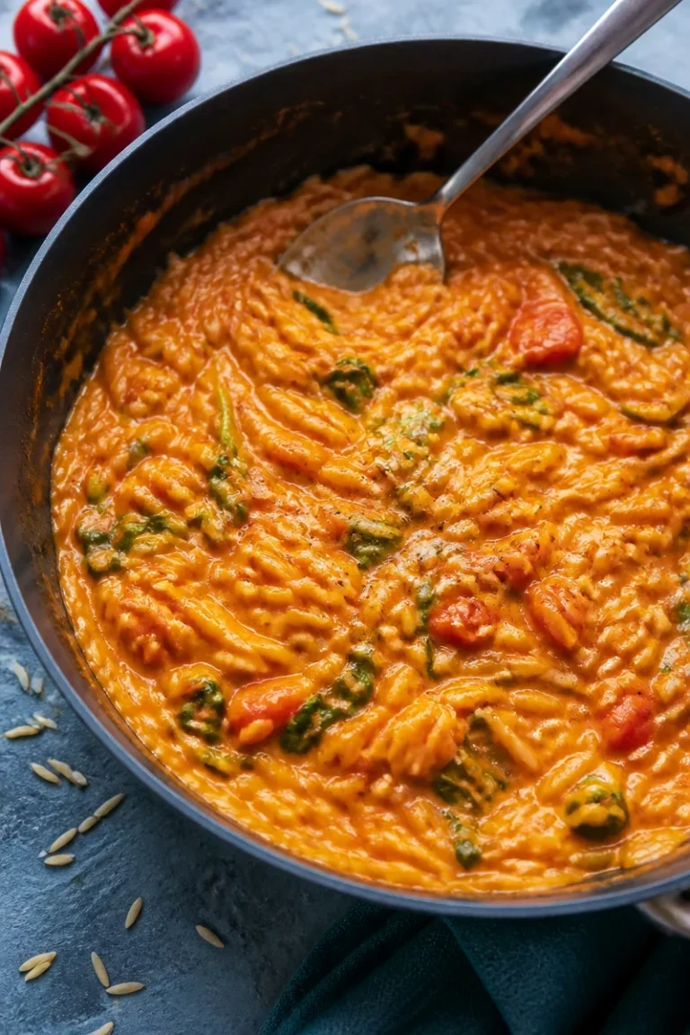 Cremiges Tomaten-Orzo Gericht in einer Schüssel serviert