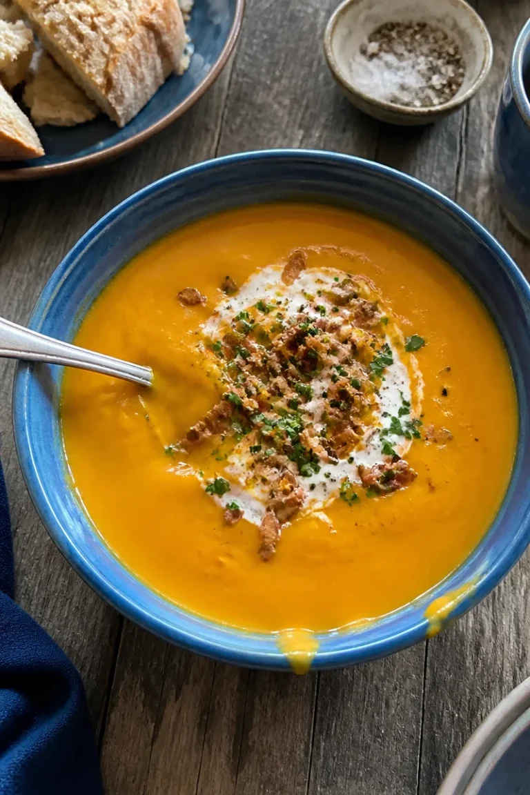Schüssel mit einfacher Kürbissuppe garniert mit frischen Kräutern