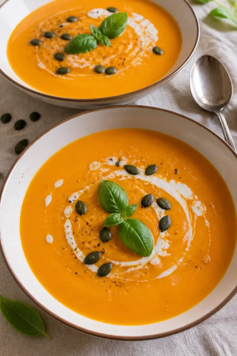 Cremige Kürbissuppe mit Kokosmilch in einer Schale, garniert mit frischen Kräutern
