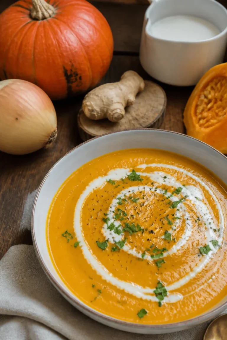 Kürbissuppe mit Kokosmilch in einer Schale serviert
