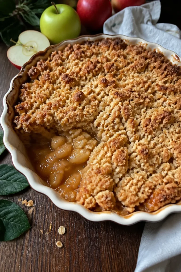 Perfekter Apfelkuchen mit knusprigen Krümeln auf einem Teller