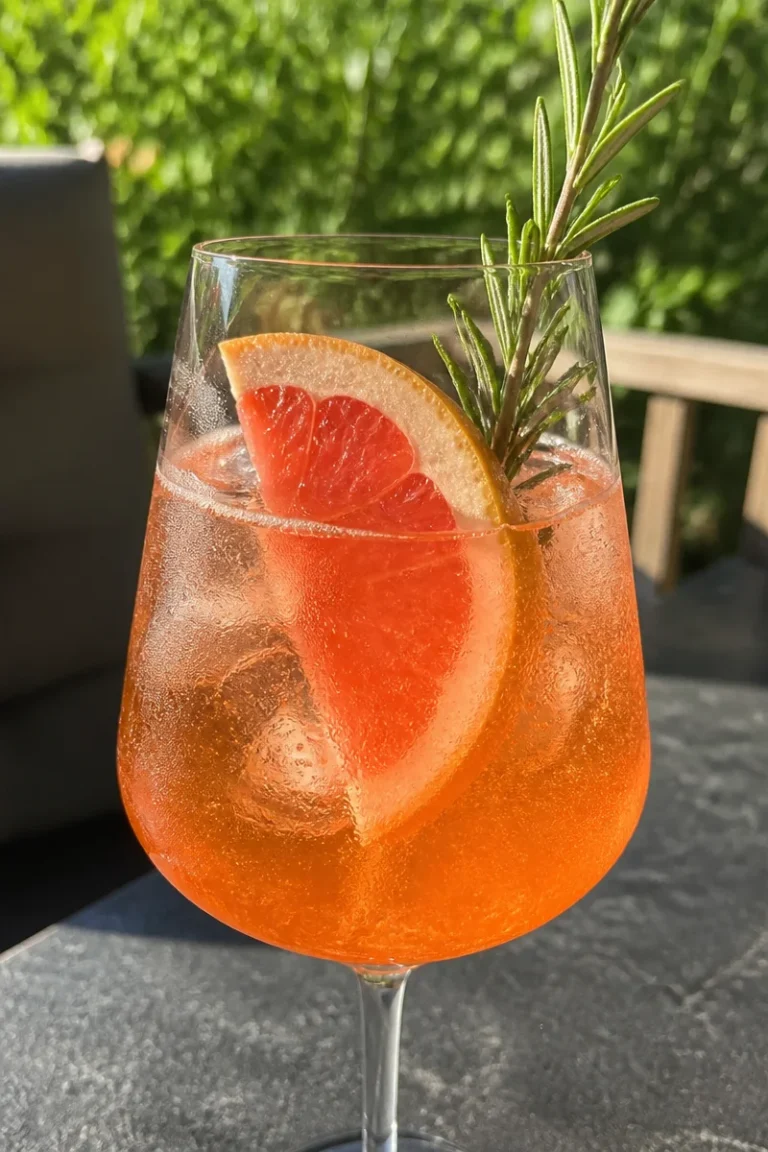 Erfrischender Grapefruit Spritz in einem Glas mit Zitrusfrüchten und Kräutern