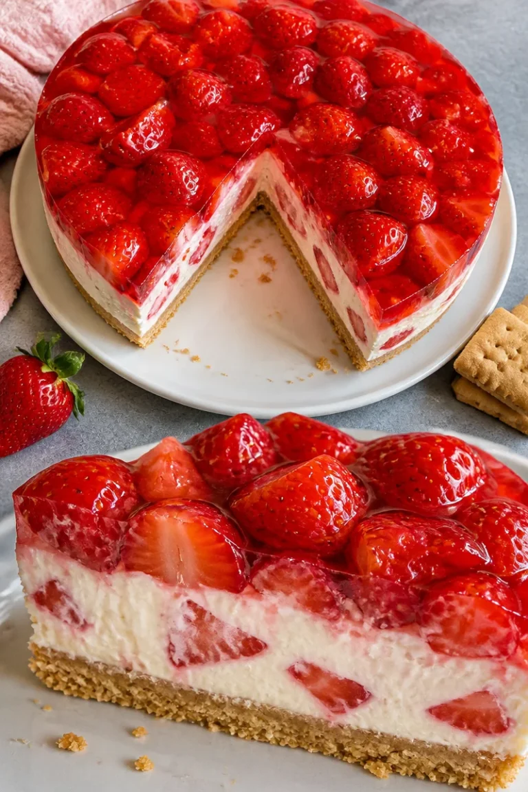 Erdbeerkuchen ohne Backen mit frischen Erdbeeren und einer cremigen Schicht