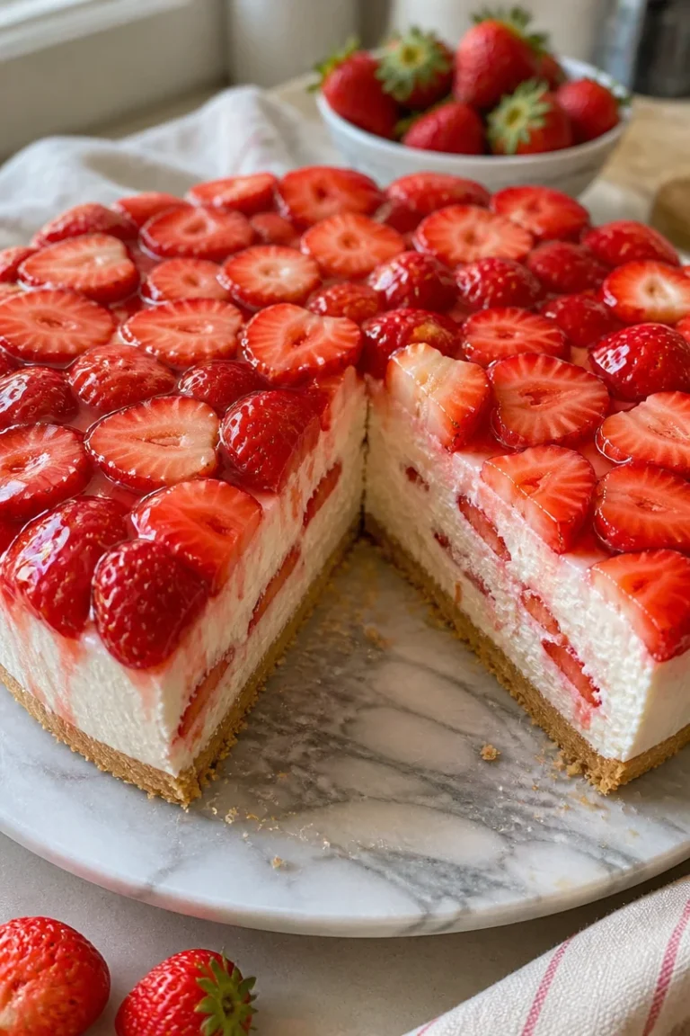 Erdbeerkuchen ohne Backen mit frischen Erdbeeren und Sahne
