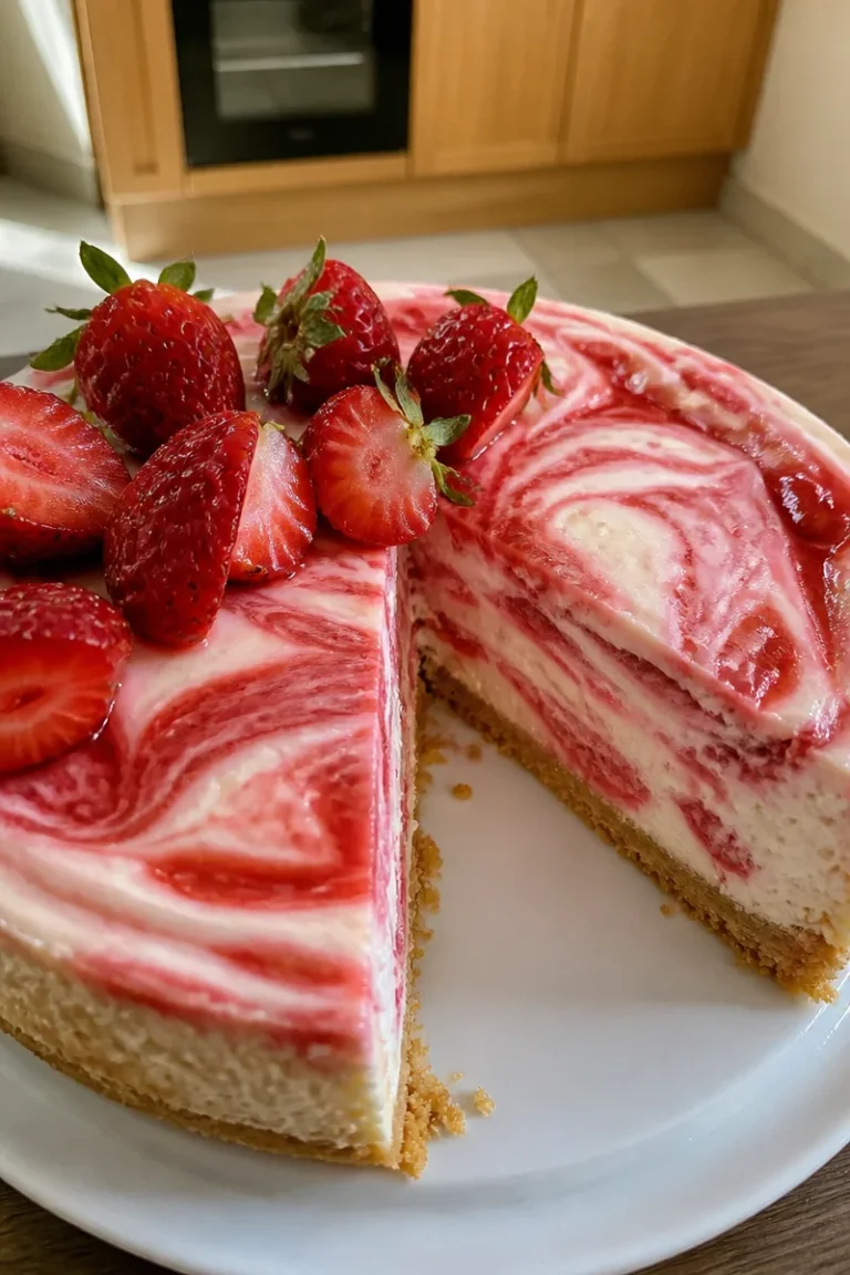 Himmlischer Erdbeerwirbel Käsekuchen mit frischen Erdbeeren und cremiger Käsefüllung