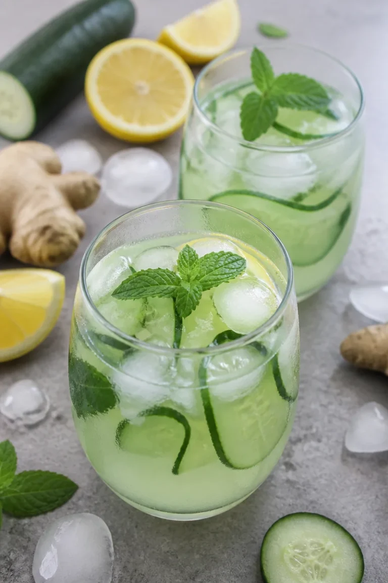 Erfrischende Gurkenlimonade mit Ingwer in einem Glas serviert